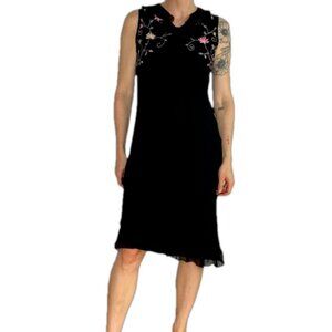 April Cornell Sz M Vintage Y2K Black Floral Embroidered Ruffle Midi Dress